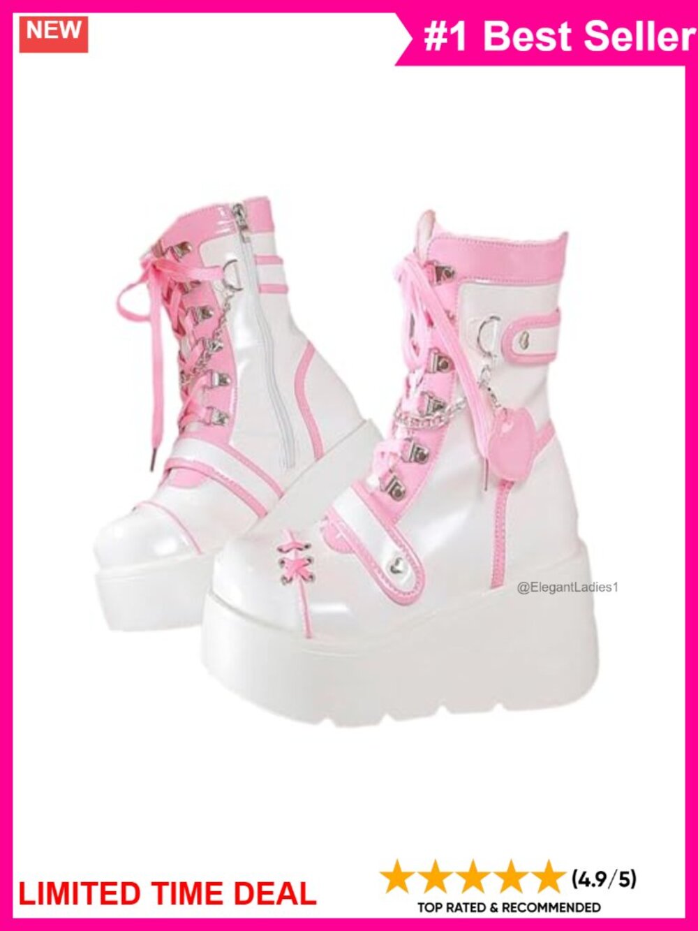 Platform Buckle Combat Boots PU Leather Chunky High Heel Lace Up Chain